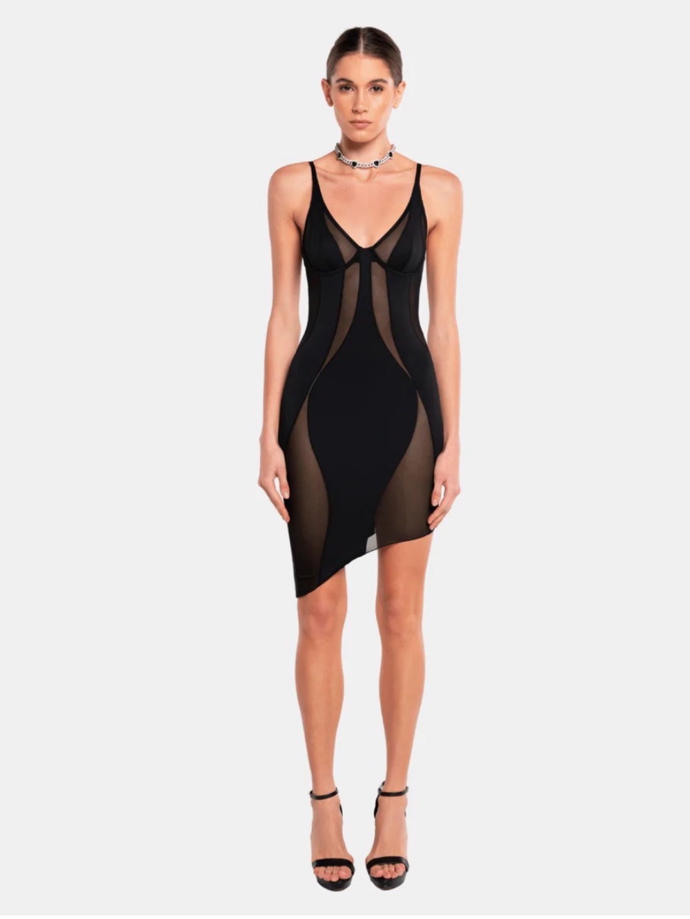 Asymmetrical Black Mesh-Inset Bodycon Dress